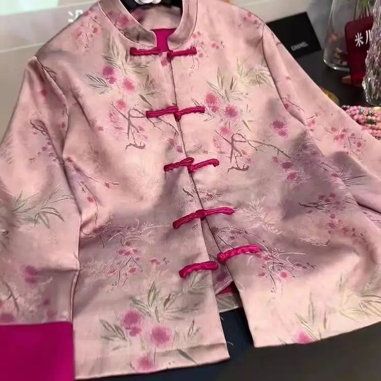 Improved National Style Vintage Modern Hanfu Embroidery Women Jacket Pink Chinese Tang Suit Top Women Spring Autumn New