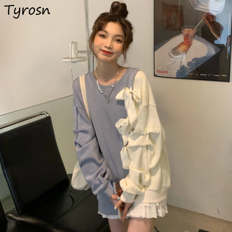 

Patchwork Sweatshirts Women Sweet Bow Fashion College Students Babgy Harajuku Designer Autumn Streetwear New All-match Ulzzang