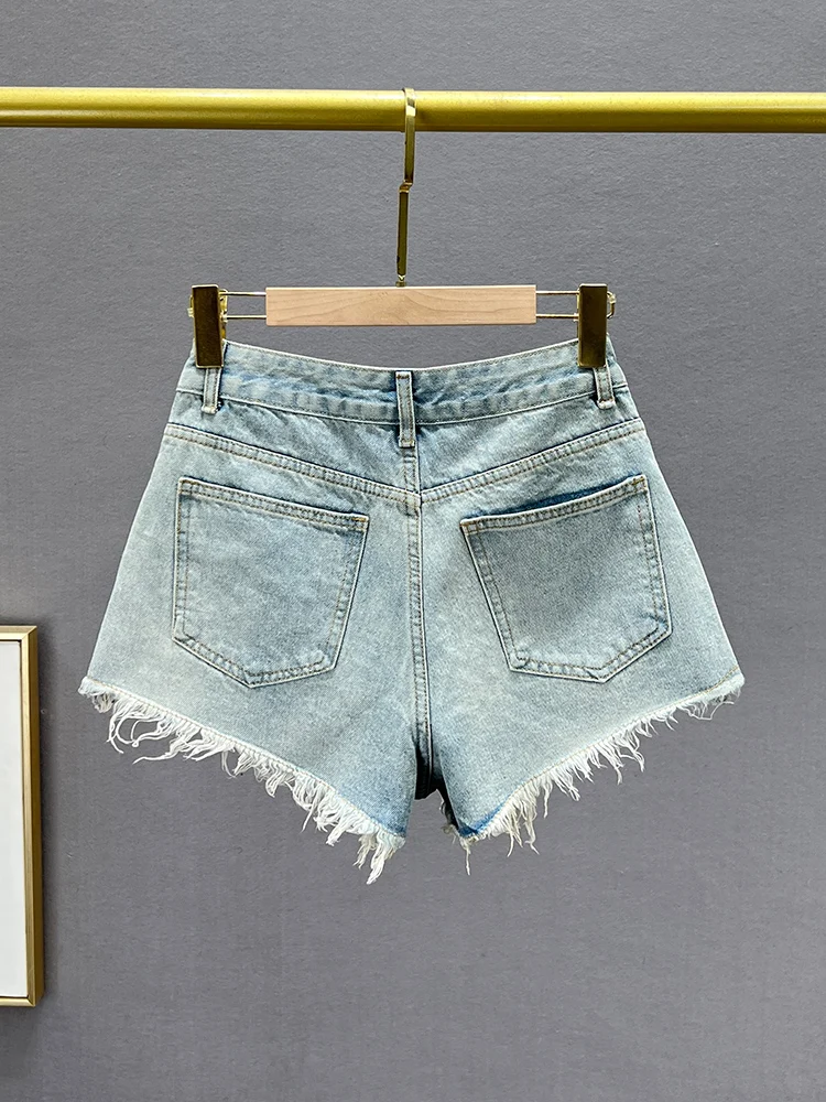 Rhinestone Denim Shorts Women's 2024 Summer Clothes New Fashion High Waist Slim-fit European Station Burr A- Line Hot Pants