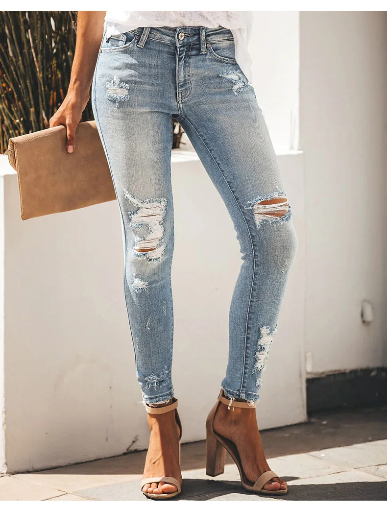 

Spring 2024 New Women Mid Waist Ripped Jeans Fashion High Stretch Slim Denim Pencil Pants Street Hipster Trousers S-2XL