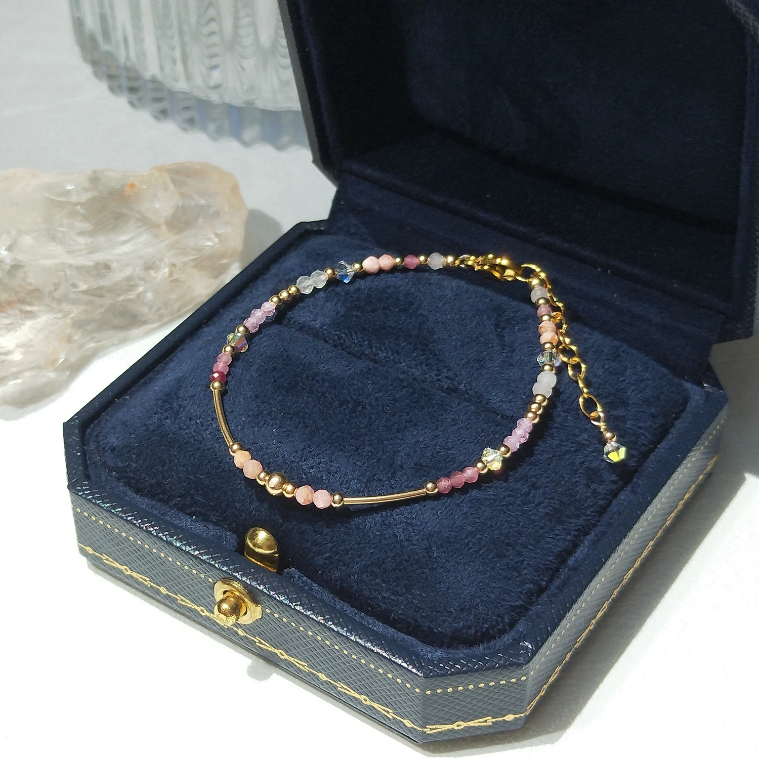 Lii Ji Rodocrosite Rosa Tormalina Quarzo Rosa Zircone Rosa 14K Oro Riempito Braccialetto 14 + 3Cm Gioielli Di Moda Fatti A Mano