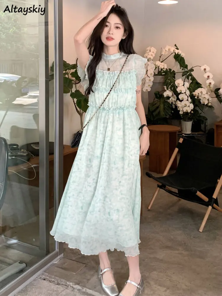 

Floral Dresses Women Midi Tender Flying Sleeve Fashion Sweet Chinese Style Elegant Casual Ruffles Aesthetic Ladies Temperament