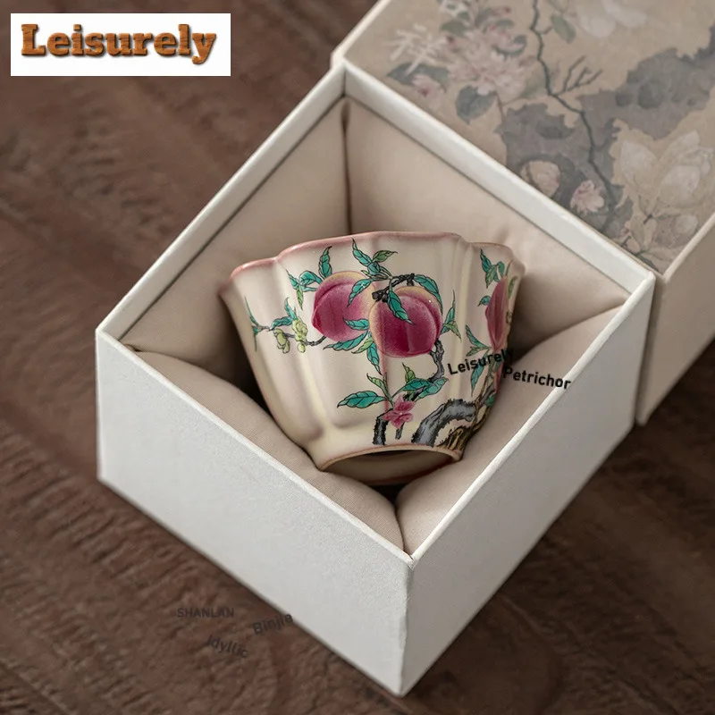 Hand Painted Nine Peach Ru Kiln Flower Mouth Teacup Ancient Tea Bowl Jug Tea-tasting Meditation Cup Jianzhan Master Cups Craft