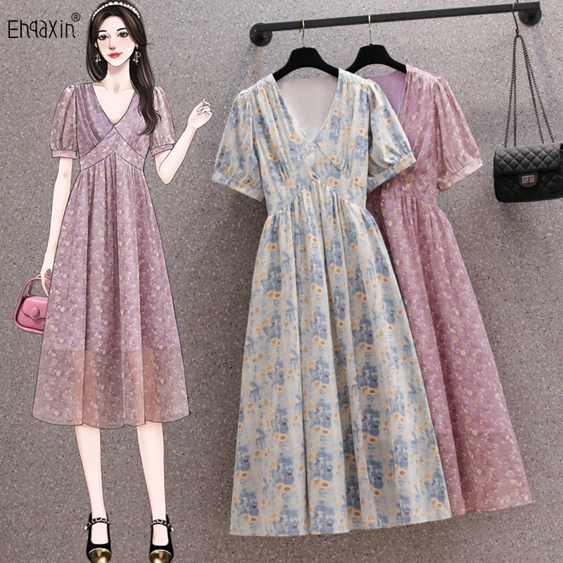 

EHQAXIN 2023 Summer Women's Dress Fashion New Gentle Print V-Neck Loose Short Sleeve A-Line Dresses For Ladies M-4XL
