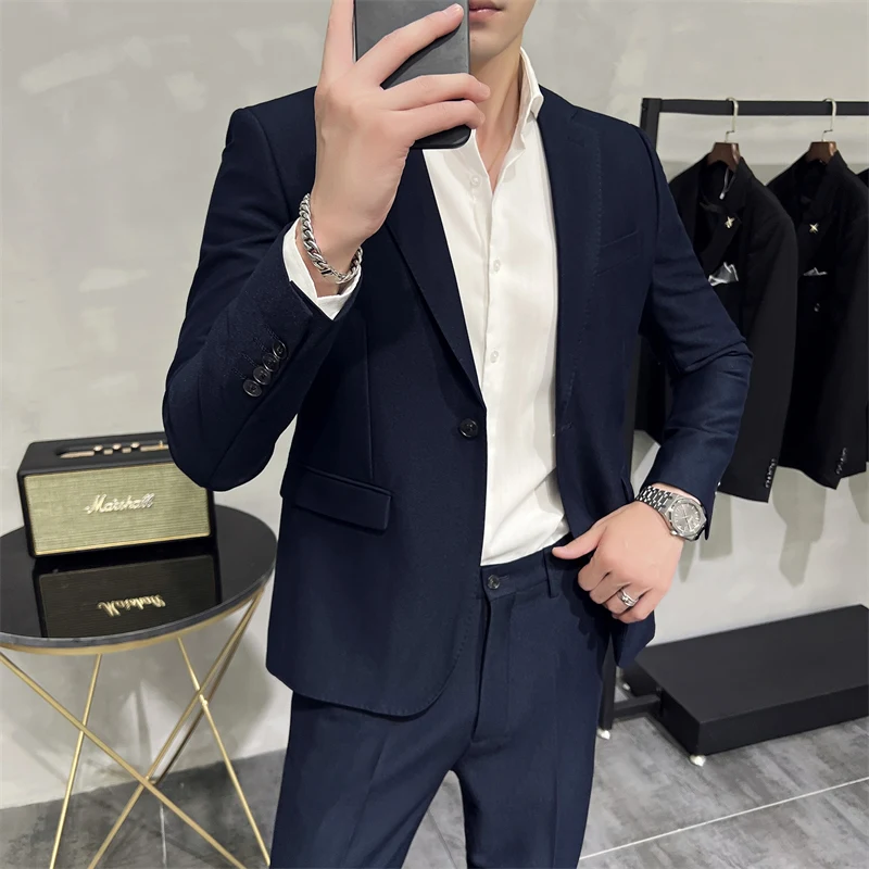 Men formal suit two-piece suit (jacket+pants)solid color fashion business office dress wedding party high-quality two-piece