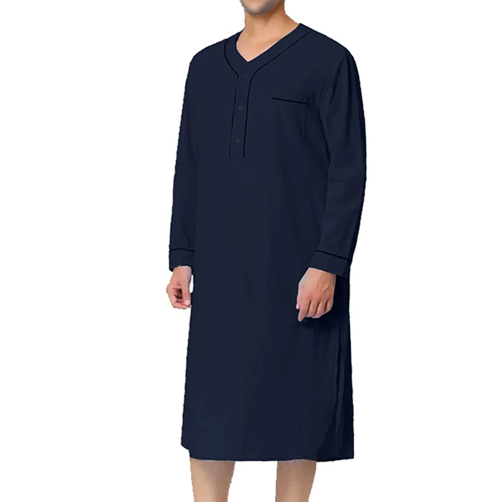 Men Muslim Clothing Long Sleeve Jubba Saudi Arab Long Kaftan Solid Loose Robe Casual Breathable Nightwear Summer Homewear