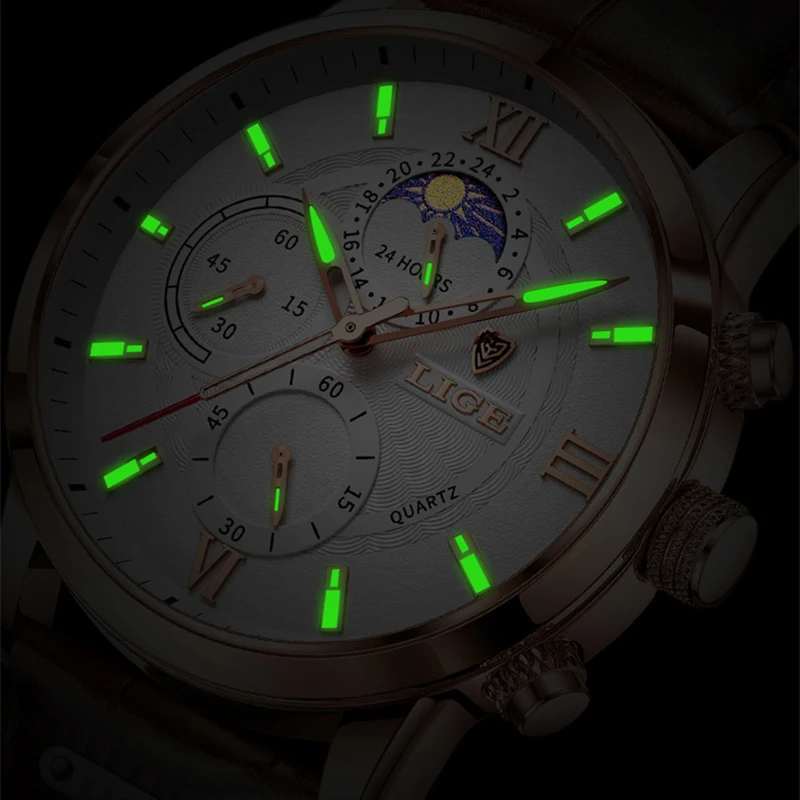 LIGE Fashion 24 hour Moon Phase Watch Men Outdoor Sport Waterproof Watch For Men Luxury Military Leather Men Quartz Wristwatches