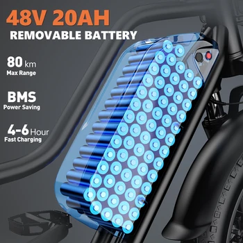 Electric Bike for Adults，20'' 1500W Peak Ebike, Up to 50 Miles 32MPH Electric Mountain Bike with 48V 20AH Removable Battery 2