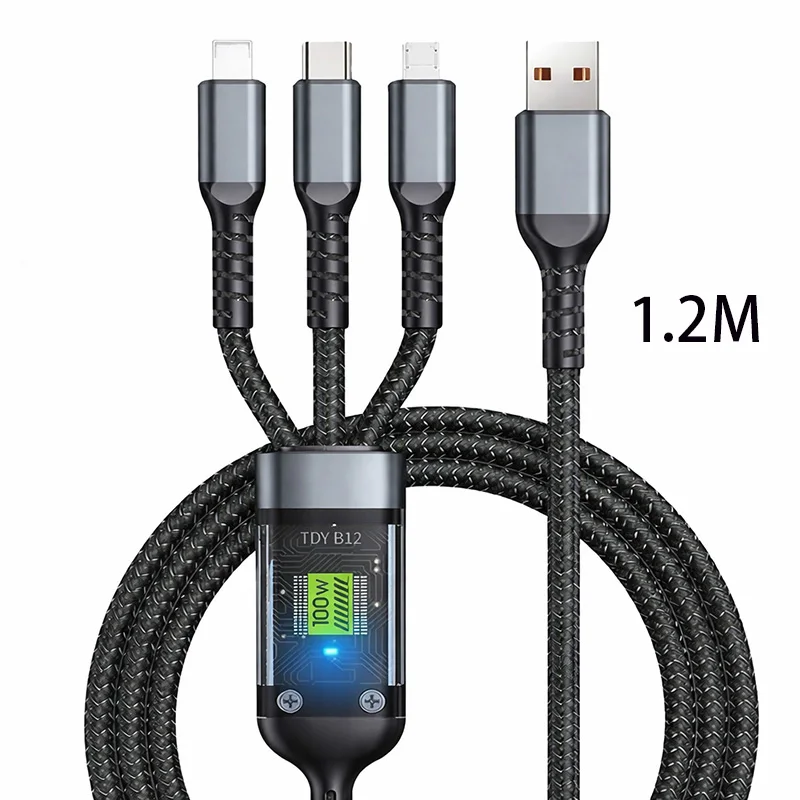 Versatile 100W Fast Charging Cable with Multi USB Type C & Micro IP Ports - Transparent 6A Data Charger Cord