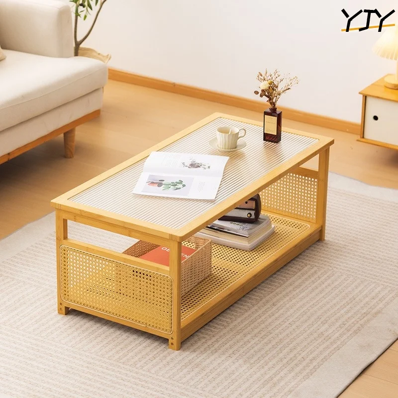 Bamboo Coffee Table Living Room Home Centre Table for Small Apartment Simple Modern Rectangular Glass