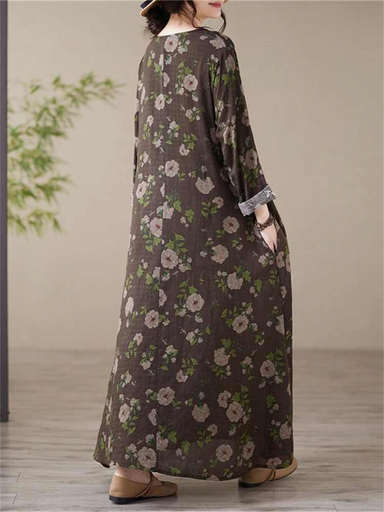 Cotton Vintage Print Long Sleeve Dress Women Autumn Casual Loose Dresses Office Lady Work Femme Robe Vestidos Elegant Clothing