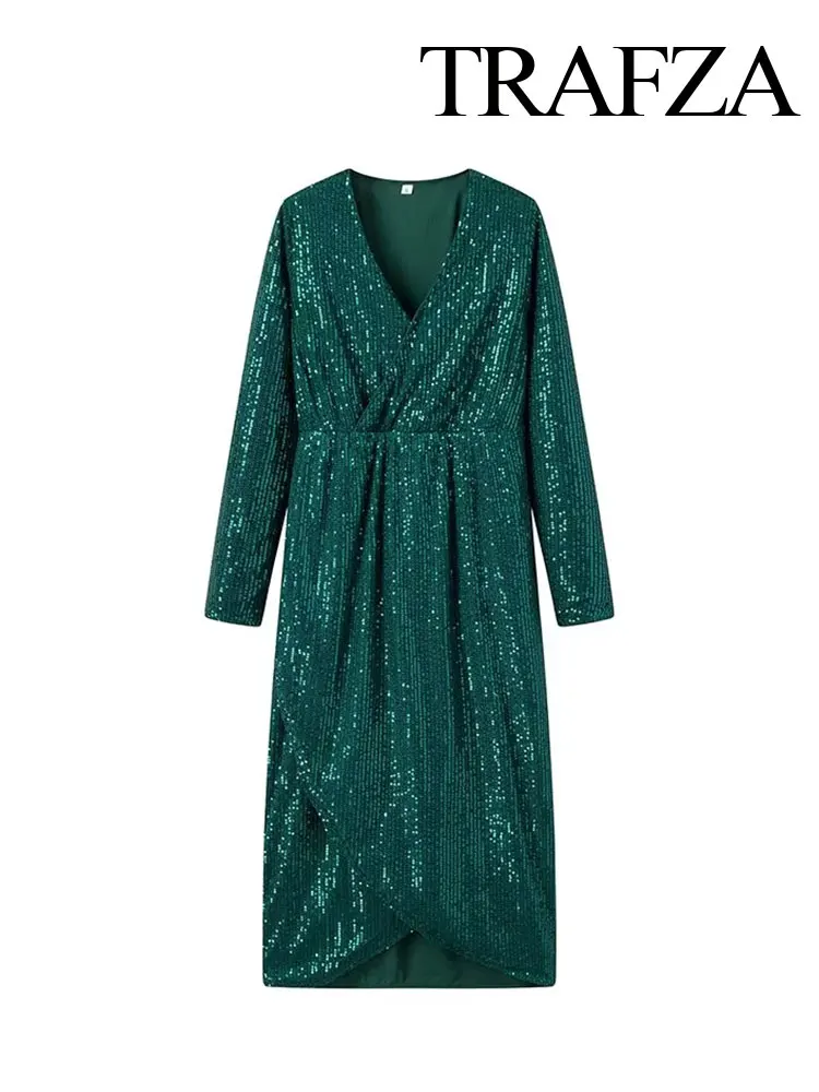 

TRAFZA Elegant Women's Sparkling Sequin Midi Dress Spring Retro Dark Green V-Neck High Waist Women's Slim Fit Robe Party Dress