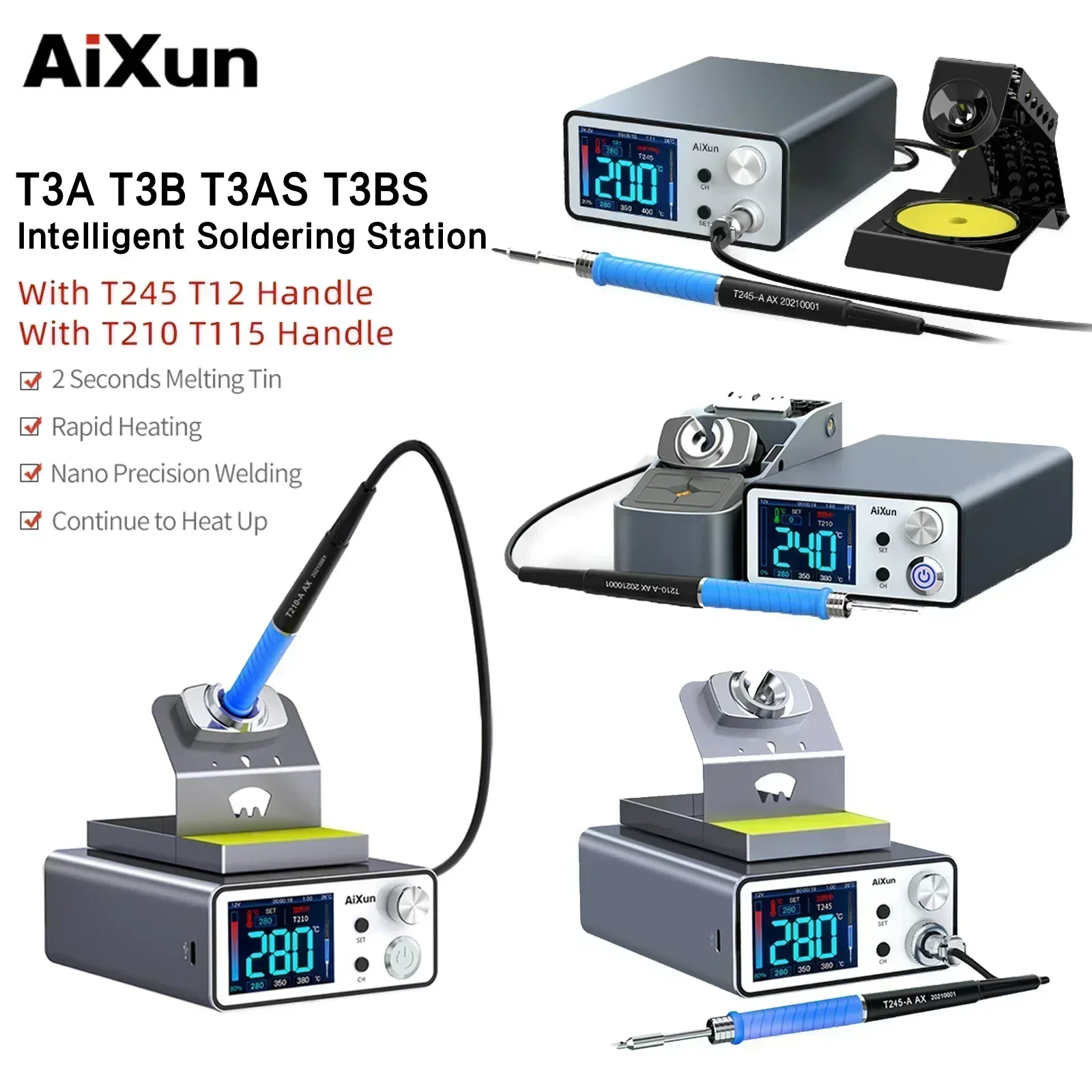 JC AIXUN 스마트 납땜 다리미 스테이션, PCB SMD BGA 용접기 수리 도구, T210, T245 재작업 스테이션, T3B, T3A, T320