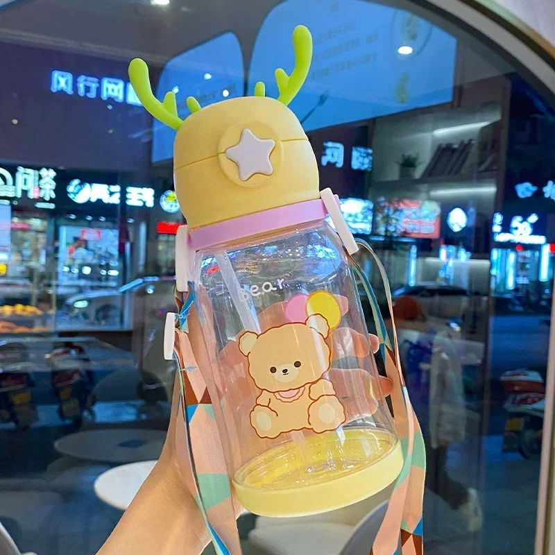 Cartoon Cute Children's Water Bottle Portable Straw Cup Large Capacity Anti Drop Student Bounce Cover Plastic Water Cup Summer
