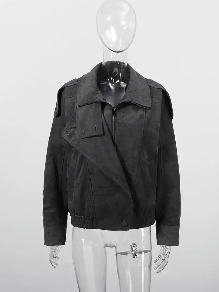 Kunstleder-Jacke mit Seitenreißverschluss für Damen, Streetwear mit Stehkragen, Laternenärmeln und Raffungen, Frühjahrs-Chic-Oberbekleidung – Detail 4