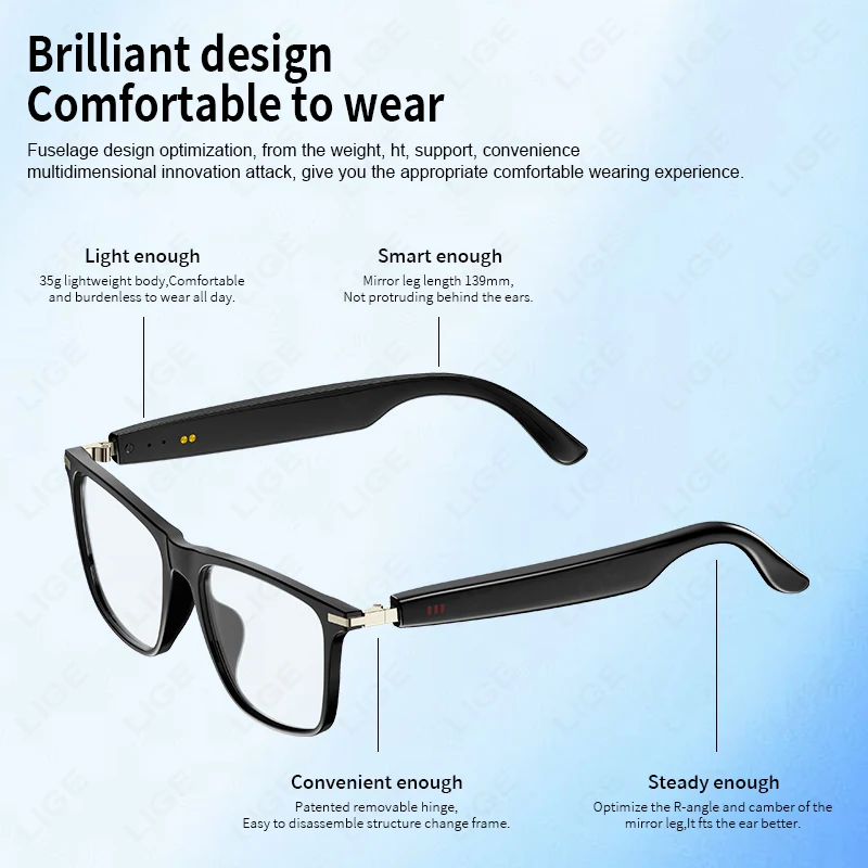 LIGE 2025 New Smart Glasses Sunglasses Bluetooth Headphones Anti Blue Light UV Protection Lenses Waterproof Eyeglasses Men Women