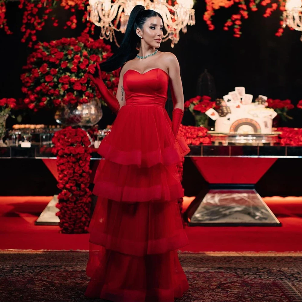 

Sexy Red Tiered Tulle Evening Party Dresses Women Elegant Sweetheart Long Prom Gowns Formal Occasion Dress robe de soirée femme