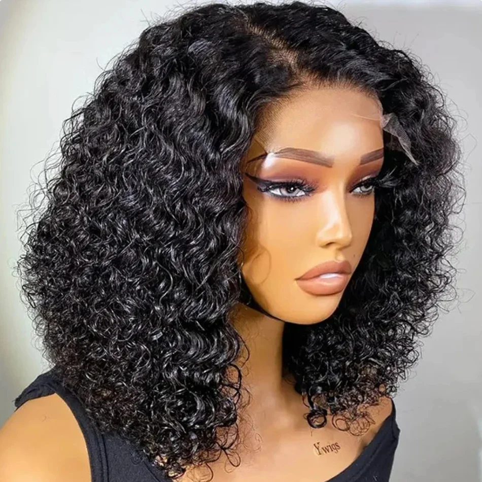 

Glueless Short Bob Deep Wave Human Hair Ready To Wear Lace Closure Wigs Peruvian Remy Kinky Curly Lace Frontal Wig Pre Cut 180%