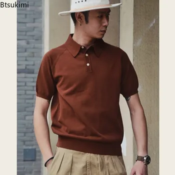 Polo italiana da uomo 100% cotone lavorato a maglia T-shirt slim fit Vintage tinta unita risvolto maniche corte Top estate nuove magliette casual