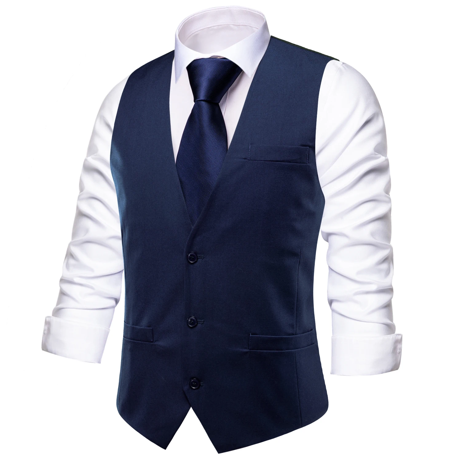 Hi-Tie Silk Men's Vests Formal Dark Blue Solid Waistcoat Neck Tie Hanky Cufflinks Slim Sets for Male Suit Wedding Party Designer