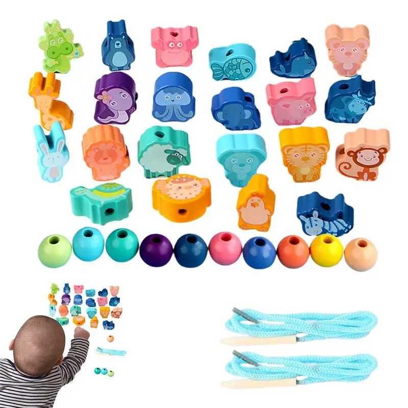 

Cartoon Fruit/Traffic/Animal Model Wooden Beads Blocks Children Early Training Threading Rope Game Montessori Toys
