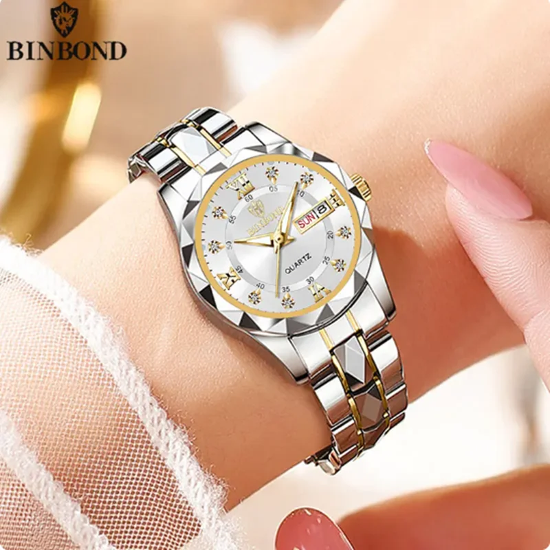 BINBOND-ساعات كوارتز نسائية للعمل ، مقاومة للماء 3...