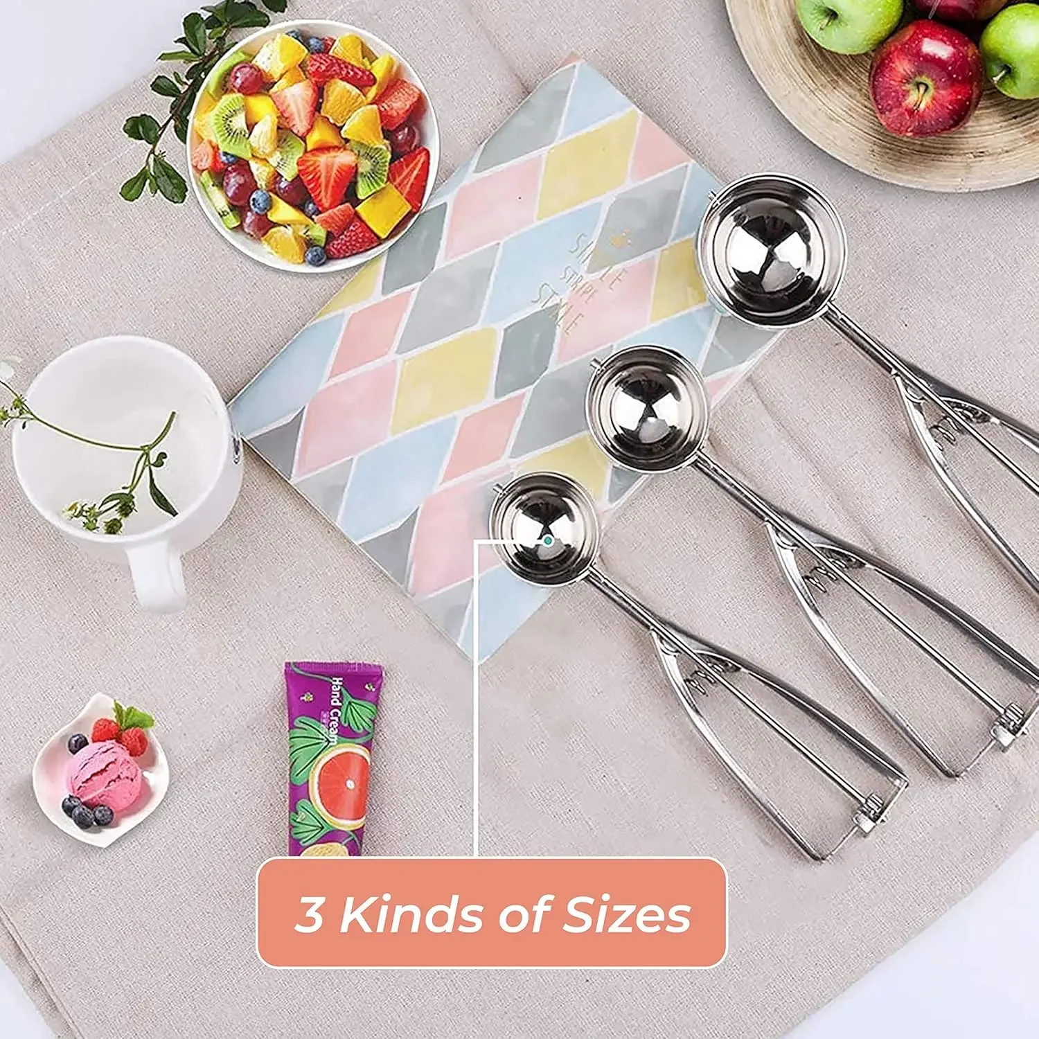 Ice Cream Scoop 3PCS Ice Cream Scoops Set Sharp Blade Ball Thickened Gear Design Washable for Fruits Meatball Baking & Party