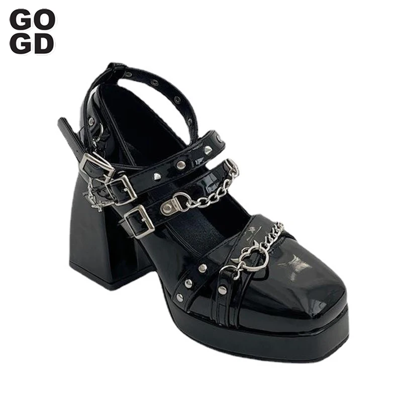 

GOGD Fashion Women Platform Pumps New 2023 Spring High Heels Mary Jane Shoes Metal Decoration Cute Lolita Shoes College Student
