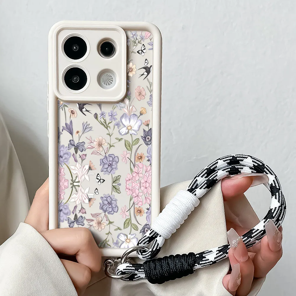 Whimsical Bird and Butterfly Floral Phone Case with Wrist Strap Lanyard