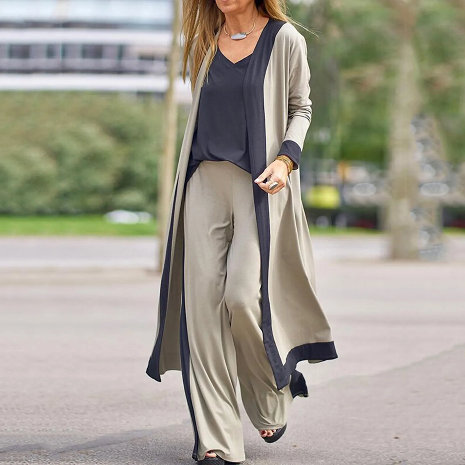 Solid Loose Spring Autumn Casual Three Piece Set Women's Office V-Neck Matching Suit Female Straight Pants Streetwear 3Pc Suit