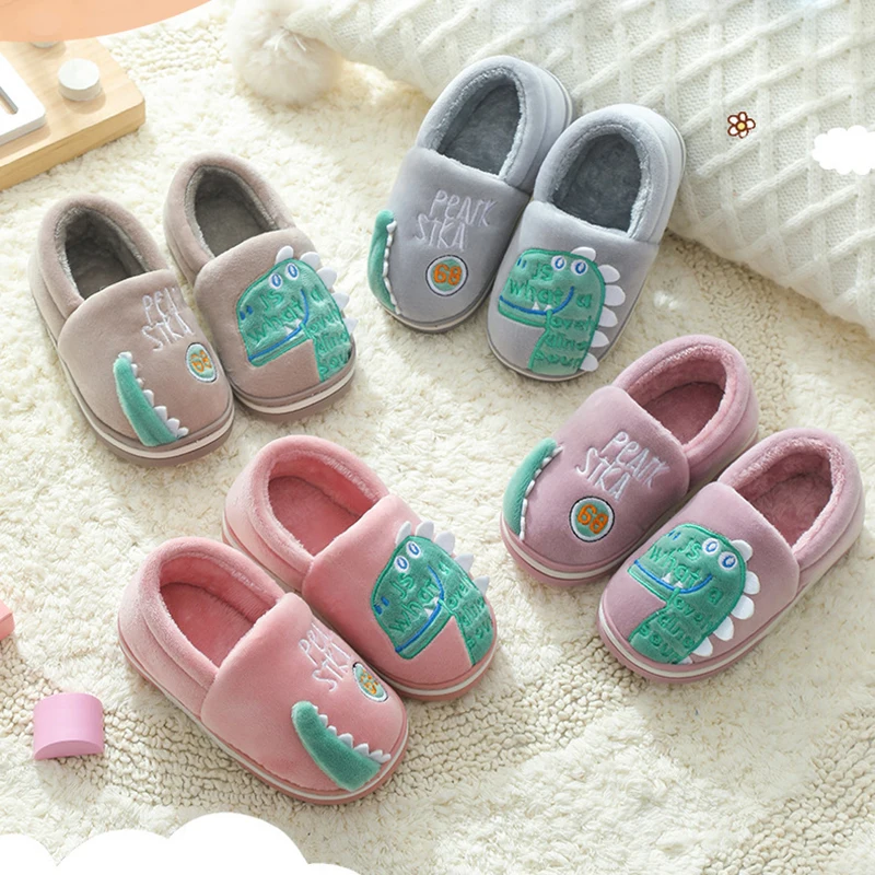 Non-slip Children Home Slippers Baby Warm Cotton Indoor Shoes 2021 Winter Cartoon Dinosaur Kids Slippers Boys Girls Flops Soft