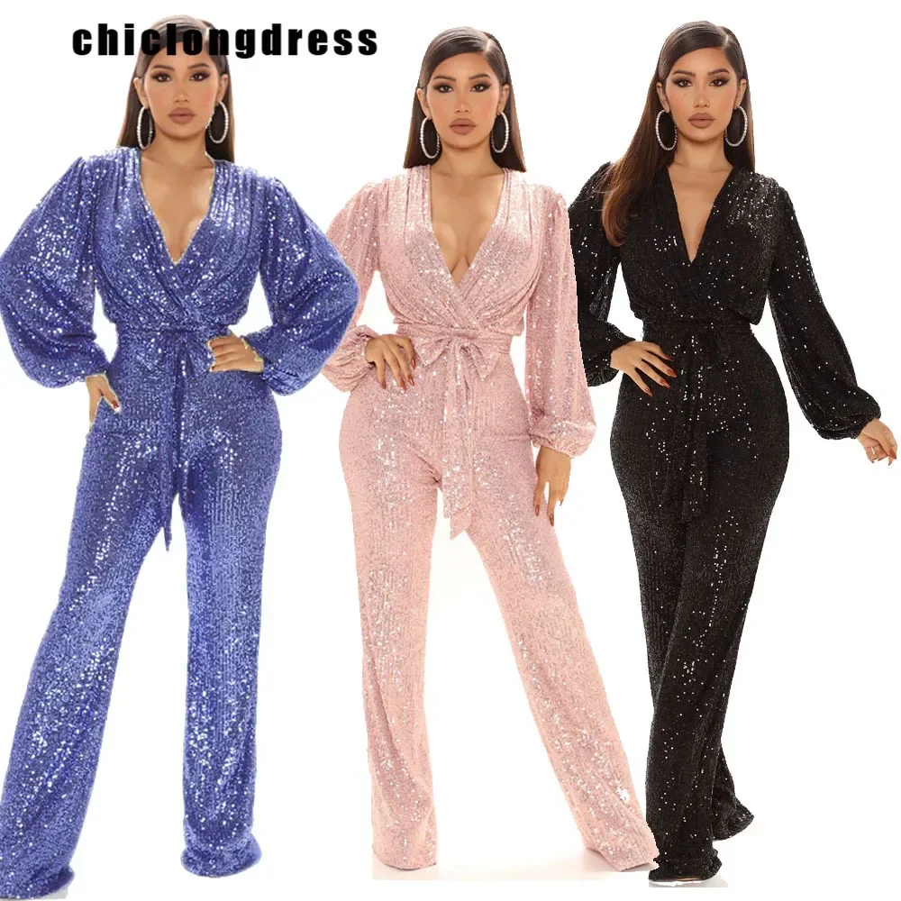 

Women's Lace Up Sequin Jumpsuit, Nightclub Style, Sexy Fashion, Autumn, 2021