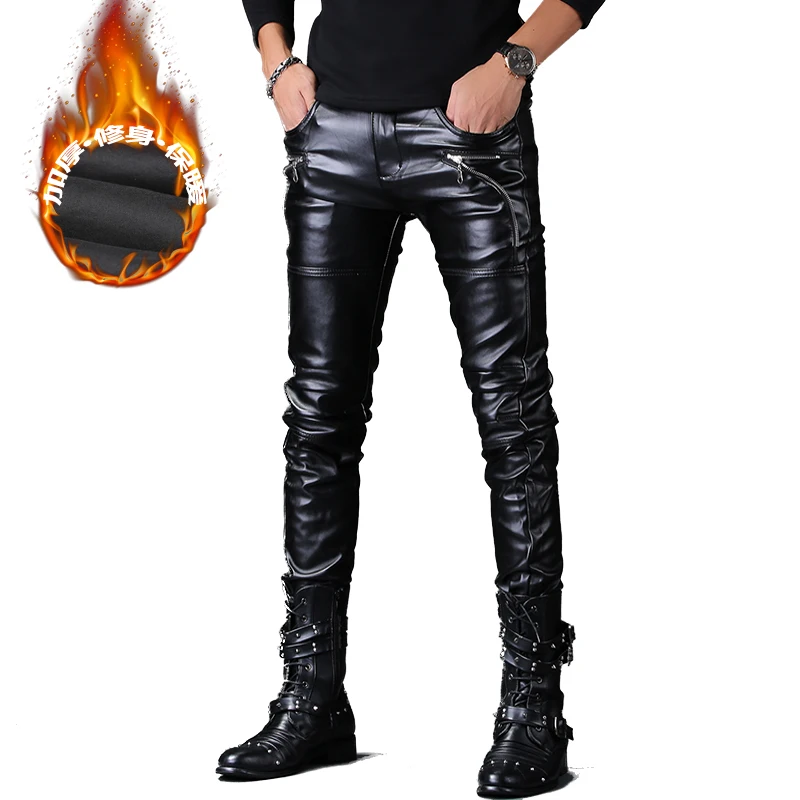 

Мужские зимние кожаные брюки с флисовой подкладкой, модные облегающие брюки из искусственной кожи в стиле панк с украшением на молнии