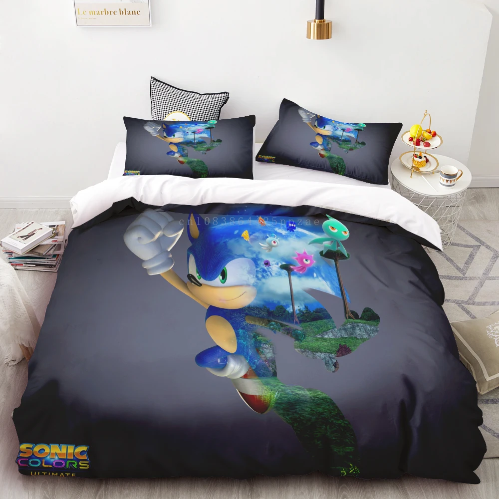 thumbnail image 1 of 1 funda de edredón con dibujos animados de la serie Sonic, impresión digital en 3D, 2 fundas de almohada, suave y cómoda, 100 % poliéster, juego de cama para regalo, 1 of 4