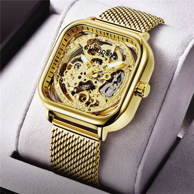 Original CURDDEN Brand Watches For Men Fashion Stainless Steel Band Luxury Golden Skeleton Vintage Automatic Mechanical Watch