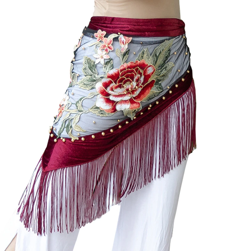 

Embroidery Belly Dance Clothes Velvet Fabric Fringes Triangle Belt Tribal Flowers Hip Scarf Sheer Mesh Sequins Tassel Wrap