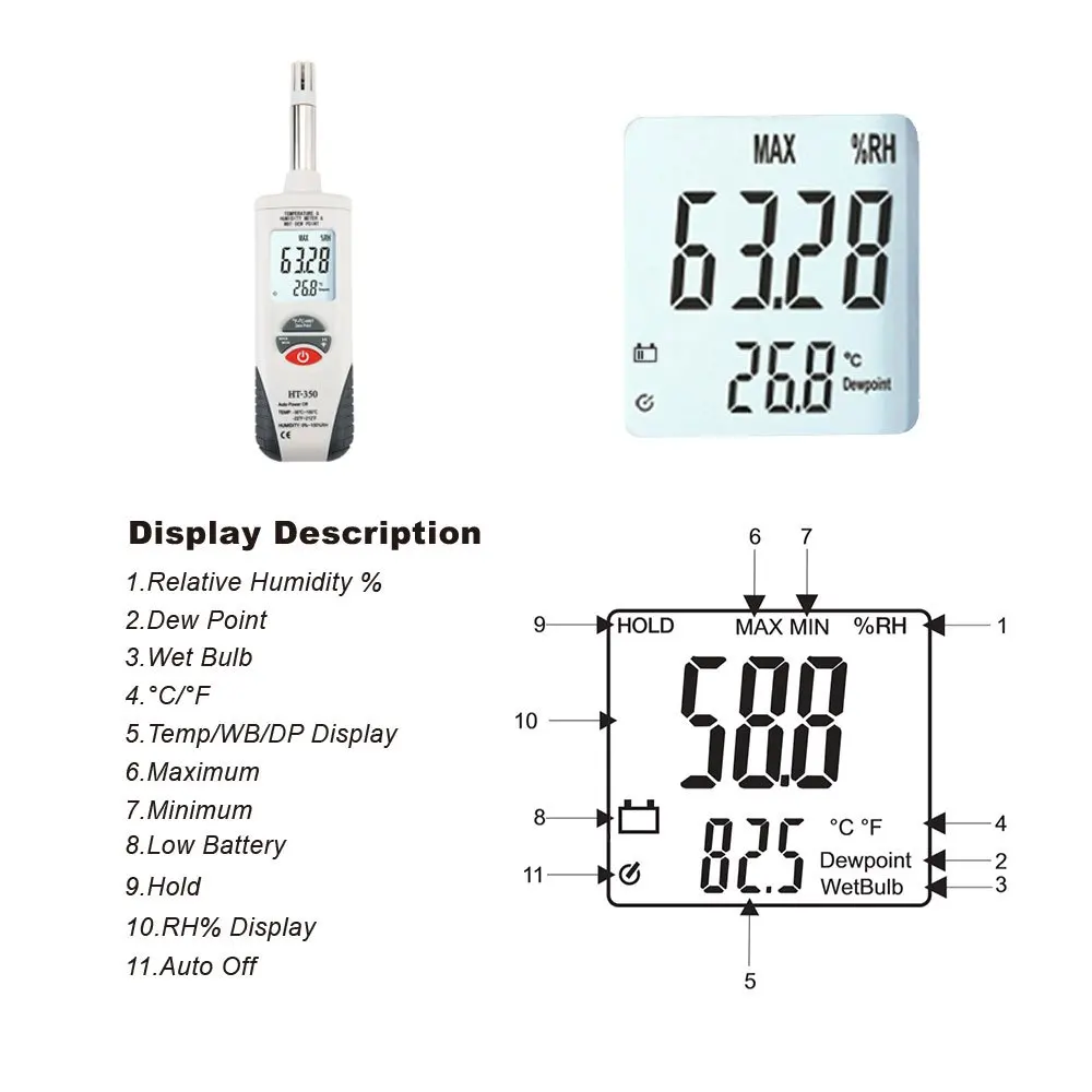 Handheld Digital Humidity Temperature Meter with Dew Point and Wet Bulb Temperat