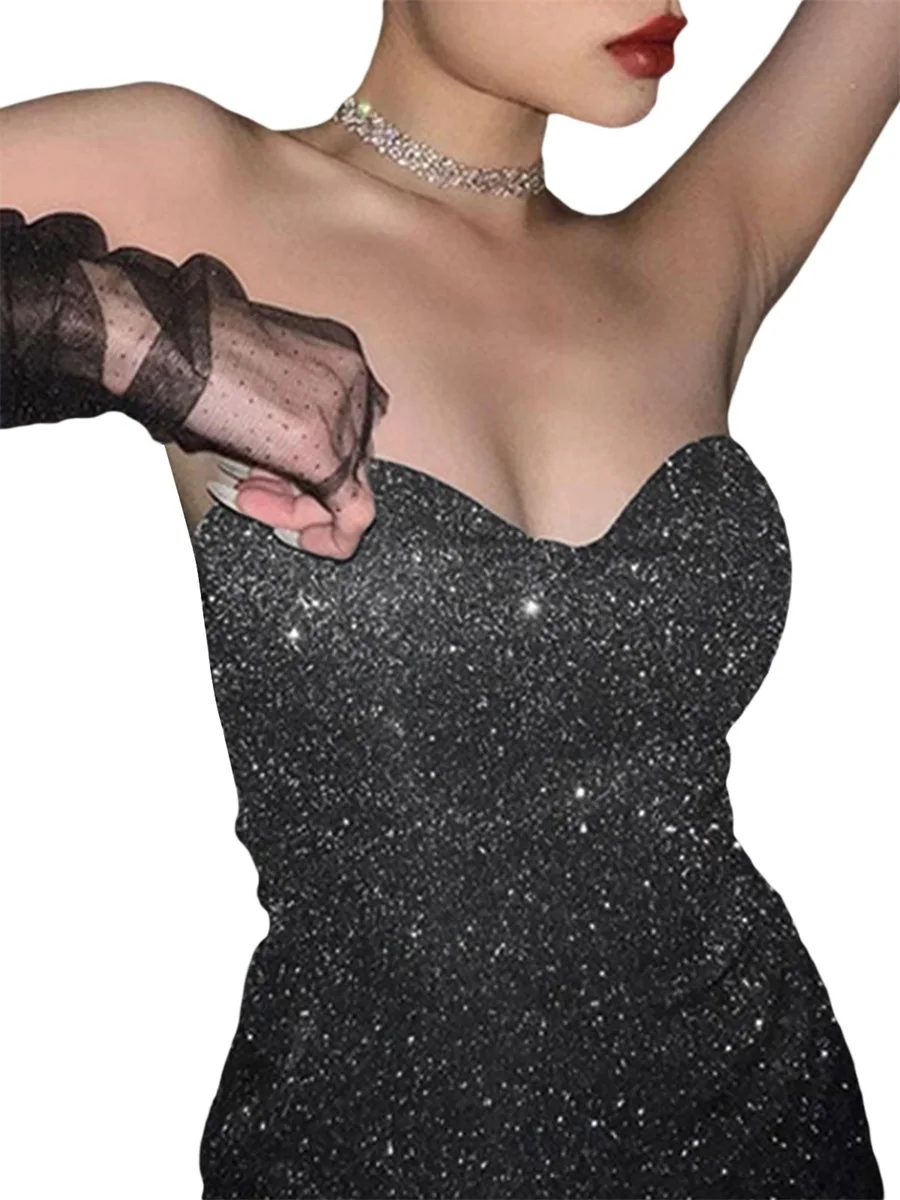 

Women Sexy Sequin Sparkly Mini Dress Sleeveless Backless Bodycon Glitter Tube Dress Club Party Concert Short Dress