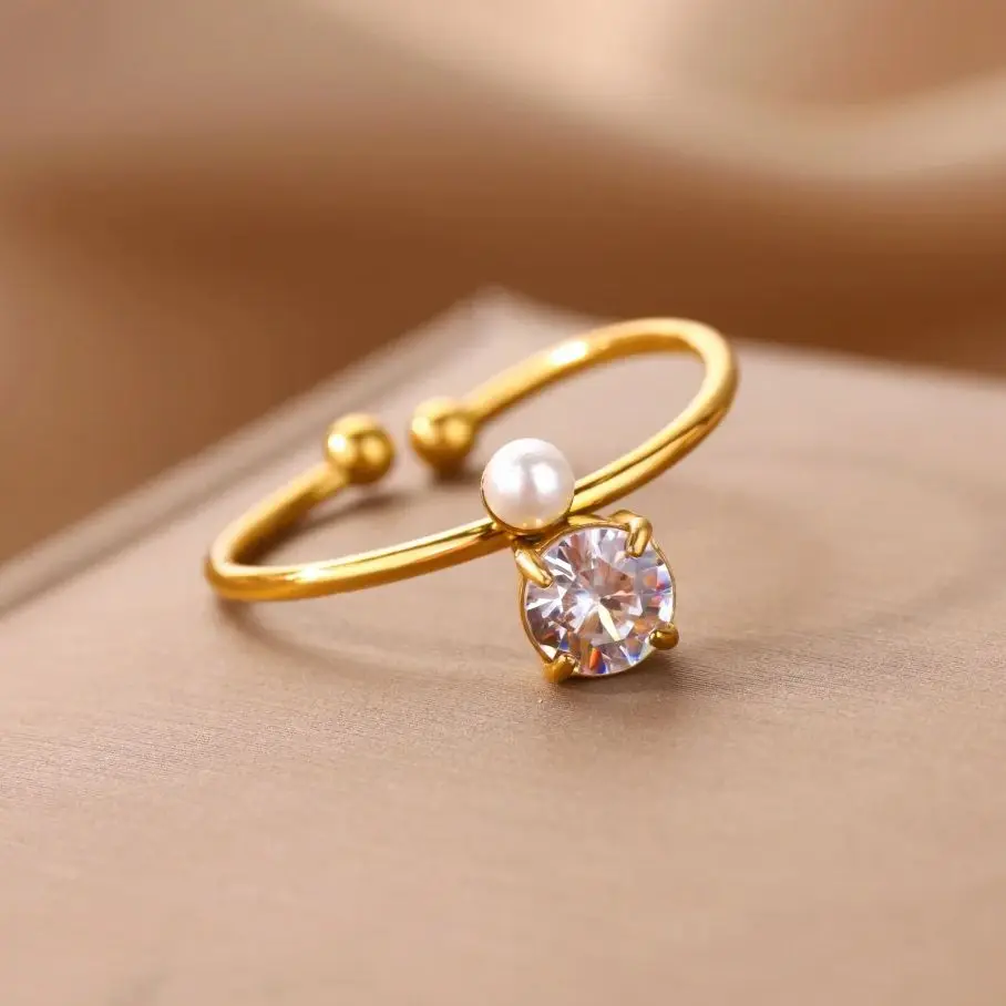Round Zircon Pearl Ring for Women Gold Color Stainless Steel Adjustable