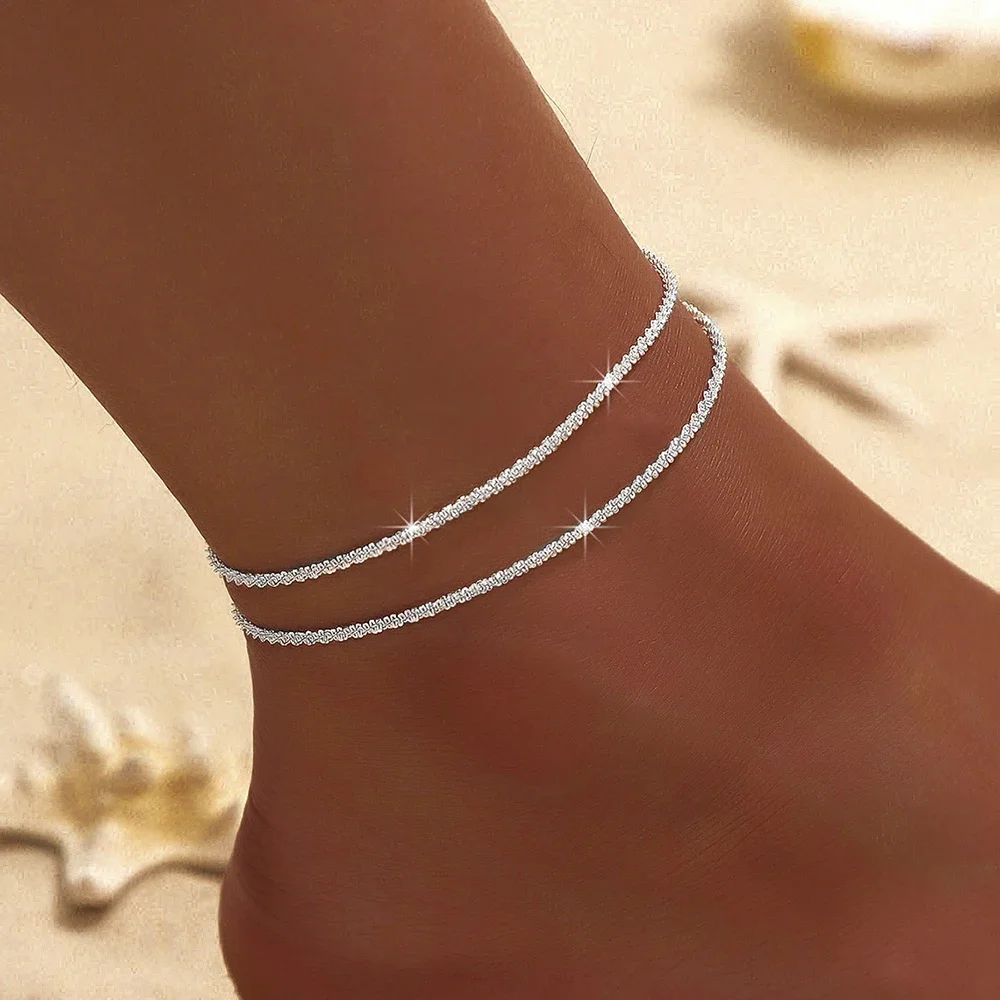 Anklet 1/2PCS Shiny Silver for Women Simple Elegant Copper Jewelry Beach Ankle Bracelet