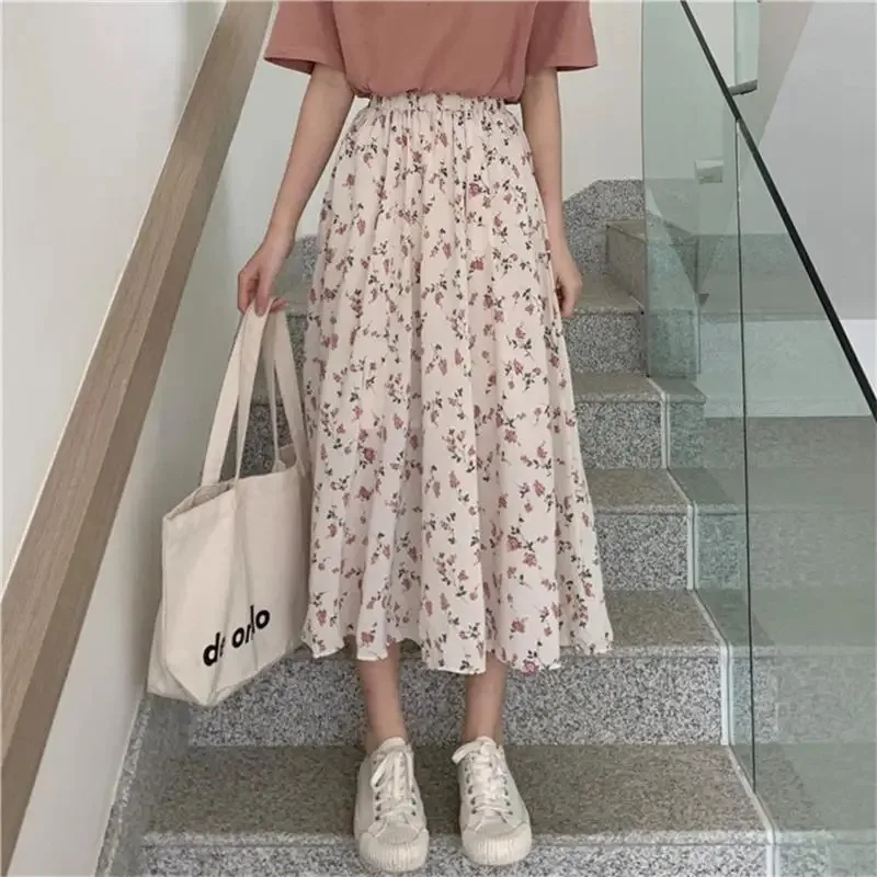 Flower wine printed thousand pleated long skirts summer women Korean street famous lace elastic waist midi skirt