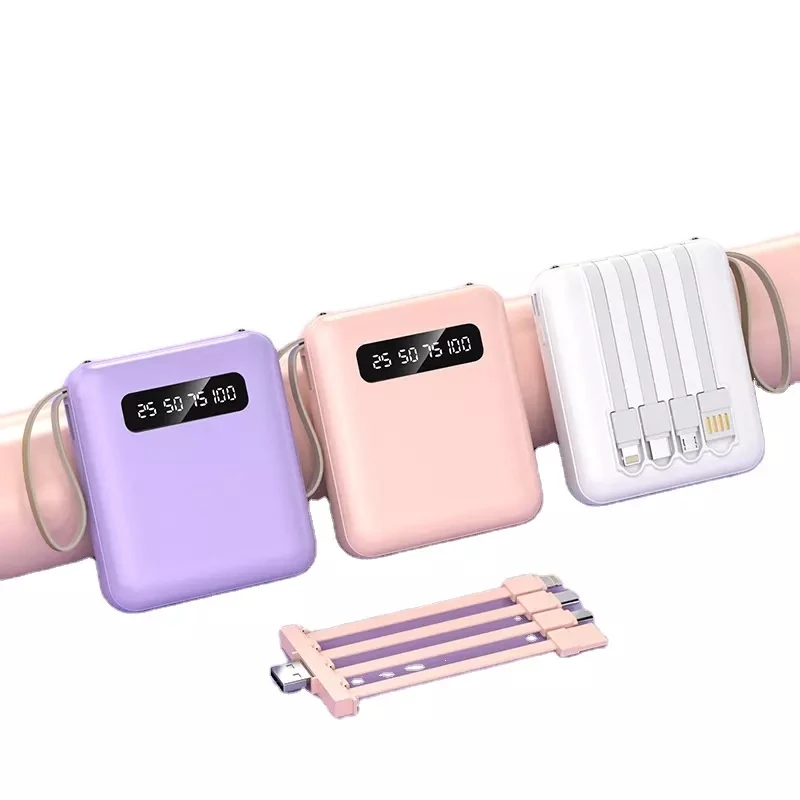 Phone Power Bank with 4 Charging Cables Mini Large Capacity Mirrored Power Bank Portable Fast Charging Powerbanks 20000 10000mAh