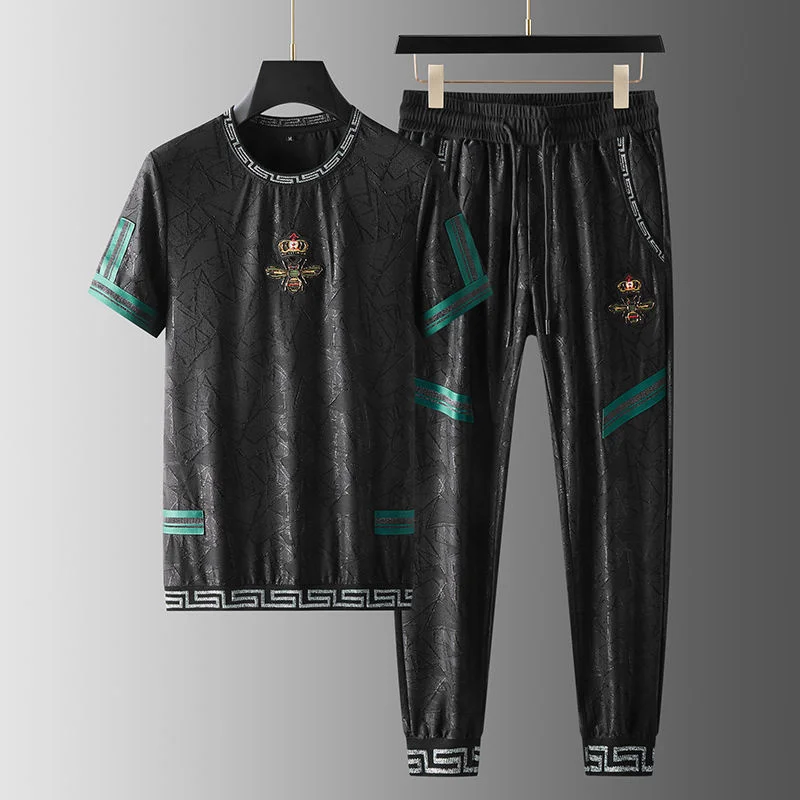 

Luxury brand Summer new style ribbon splicing short sleeve casual suit men's large high-end jacquard embroidery two-piece set