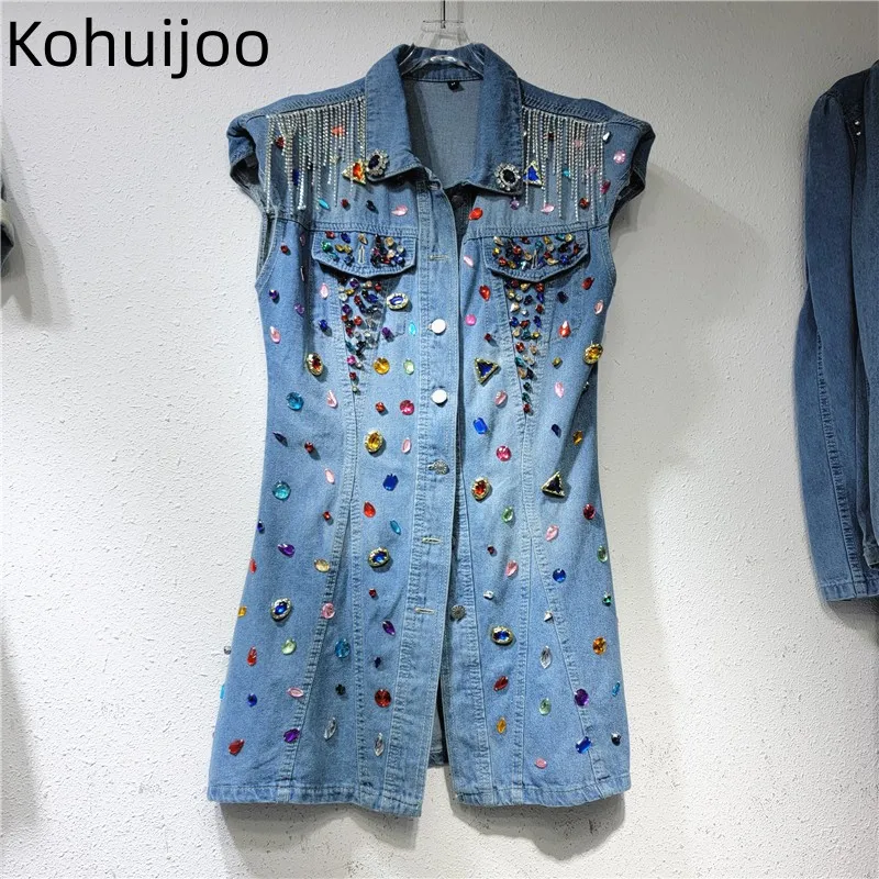 

Kohuijoo Summer Heavy Beading Dress Denim Women 2023 Sleeveless Cowboy Dress Luxury Diamond Tassel Jean Dresses Casual Woman