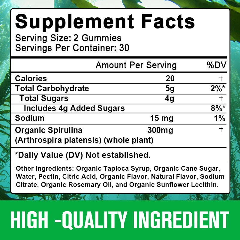 Organic Spirulina Gummies Chlorophyll Daily Cerebrovascular Protein&Amino Acids Antioxidant Detox Skin Care