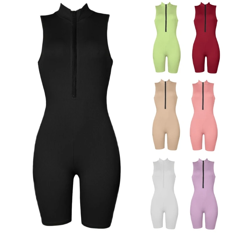 Sleeveless Fitness Romper Suits Clothes Women Jumpsuit Zips-Collar Hip Bodycon Sexy Jumpsuit Yoga Fitness Style Clothing