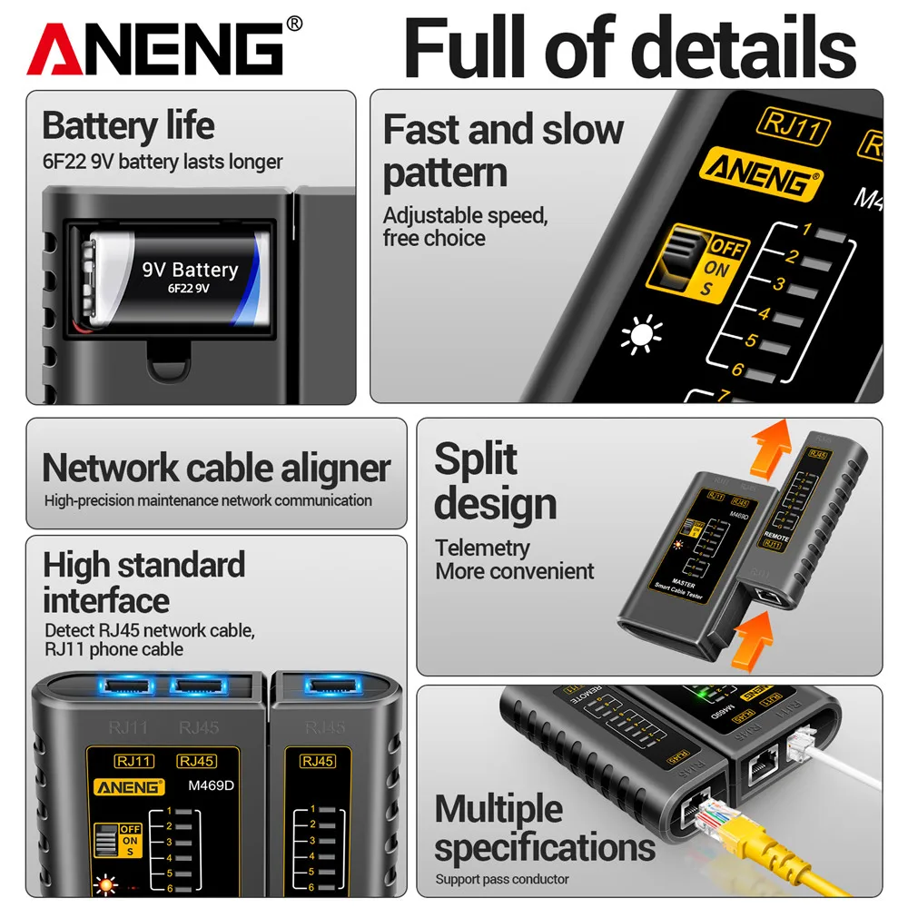 Network Cable Tester ANENG M469D Cable lan tester Network Cable Tester RJ45 RJ11 RJ12 CAT5 UTP LAN Tester Networking Tool network Repair
