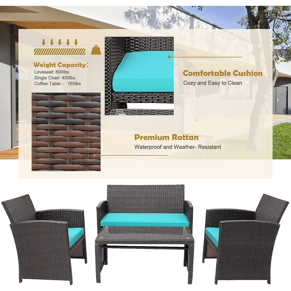 4 Pieces Wicker Patio Furniture Set, Outdoor PE Rattan Conversation Set with Chairs,Loveseat, Coffee Table,Cushions for Poolside 4