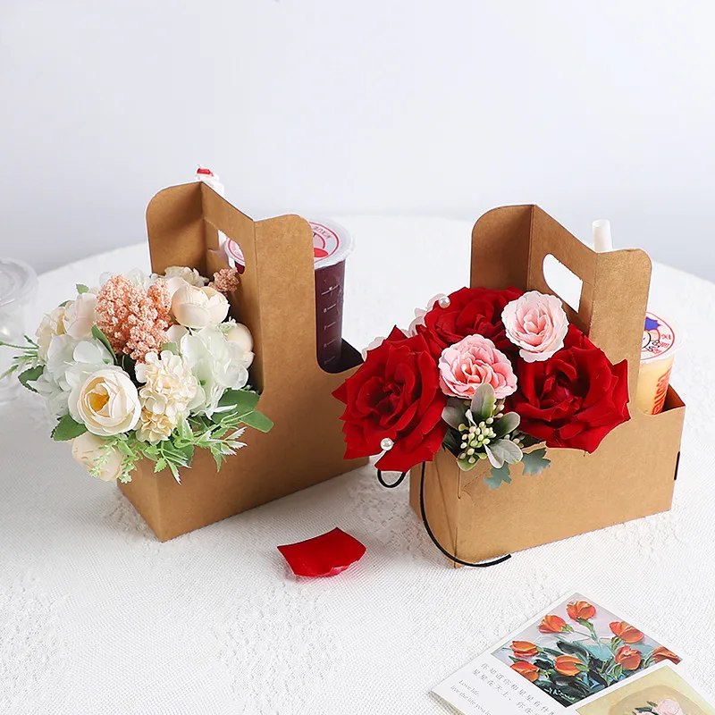 10pcsKraftPaperFlowerBoxWithHandleGiftBoxesWeddingParty