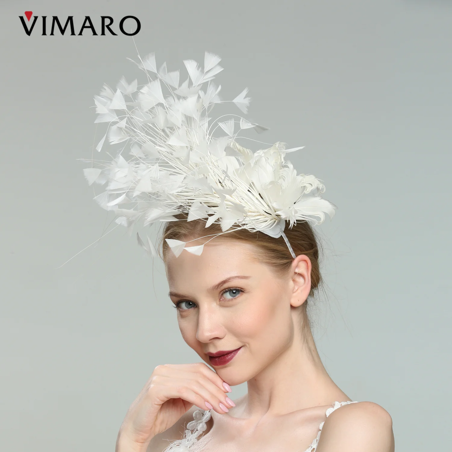 Фото VIMARO вуалетка с перьями цвета слоновой кости для женщин Женская Вуалетка головные уборы для женщин Свадебная и церковная Шляпа Дерби для женщин №3